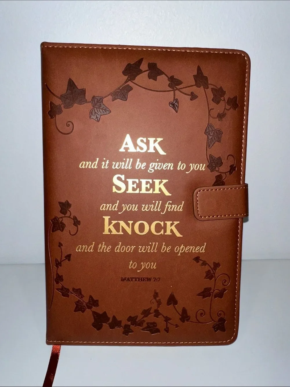 Chestnut Brown Gold Tone Bible Verse Faux Leather Bound Padded Cover Journal